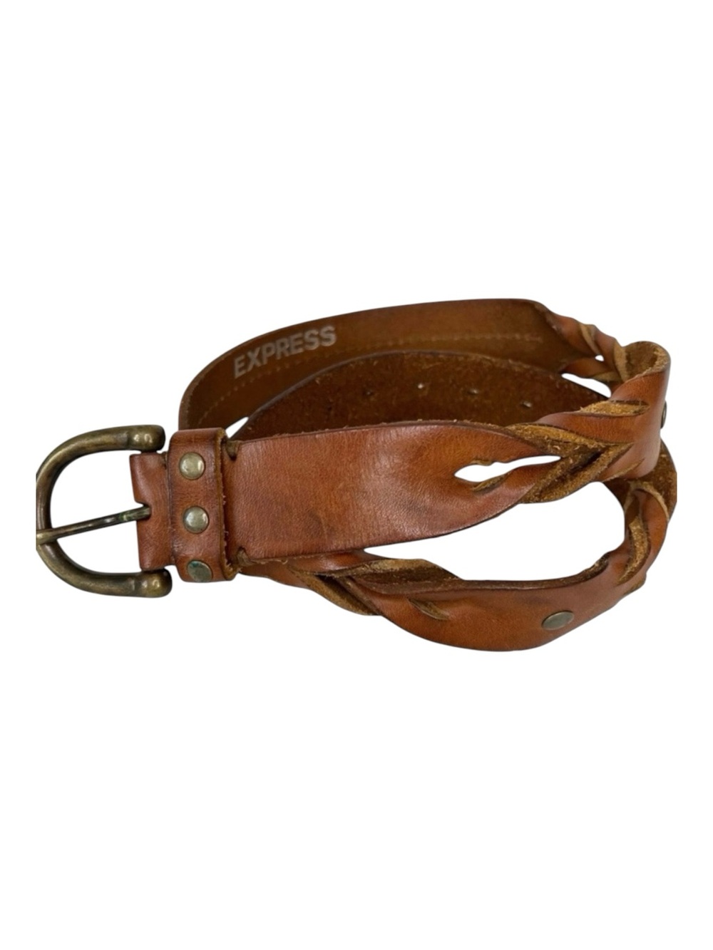 Vintage Express Brown Leather Belt Brass Buckle Mens Sz M Twisted